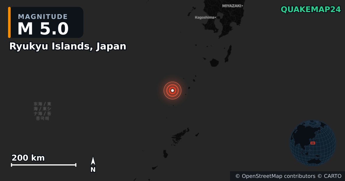 M5.0 earthquake near Ryukyu Islands, Japan on Jul 2, 2025 — map of epicenter and shaking intensity | QuakeMap24