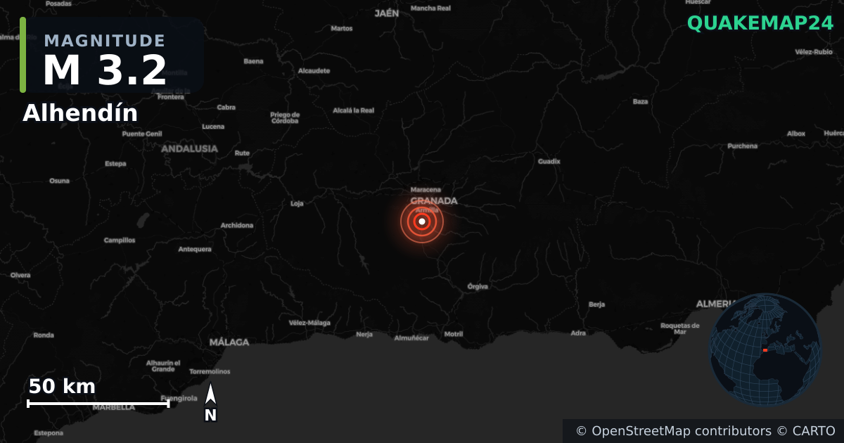 M3.2 earthquake near Alhendín on Aug 18, 2026 — map of epicenter and shaking intensity | QuakeMap24