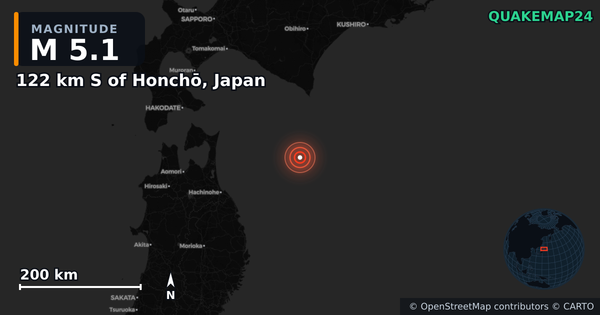 M5.1 earthquake near 122 km S of Honchō, Japan on Dec 8, 2025 — map of epicenter and shaking intensity | QuakeMap24