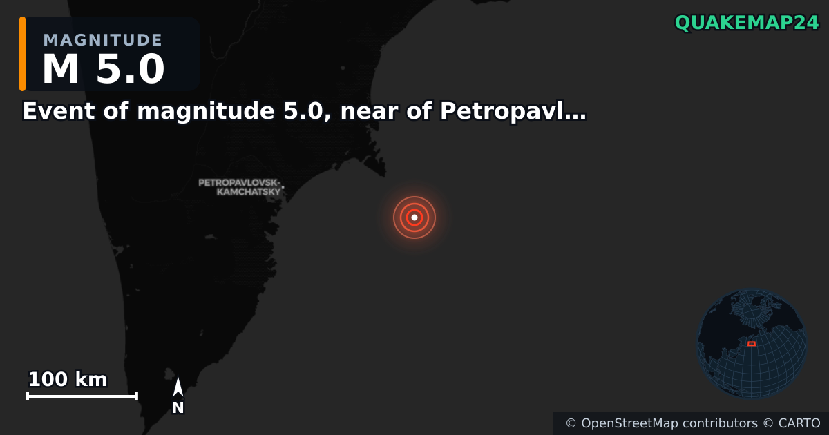 M5.0 earthquake near Event of magnitude 5.0, near of Petropavlovsk Kamchatskiy (Monde) on Dec 1, 2025 — map of epicenter and shaking intensity | QuakeMap24