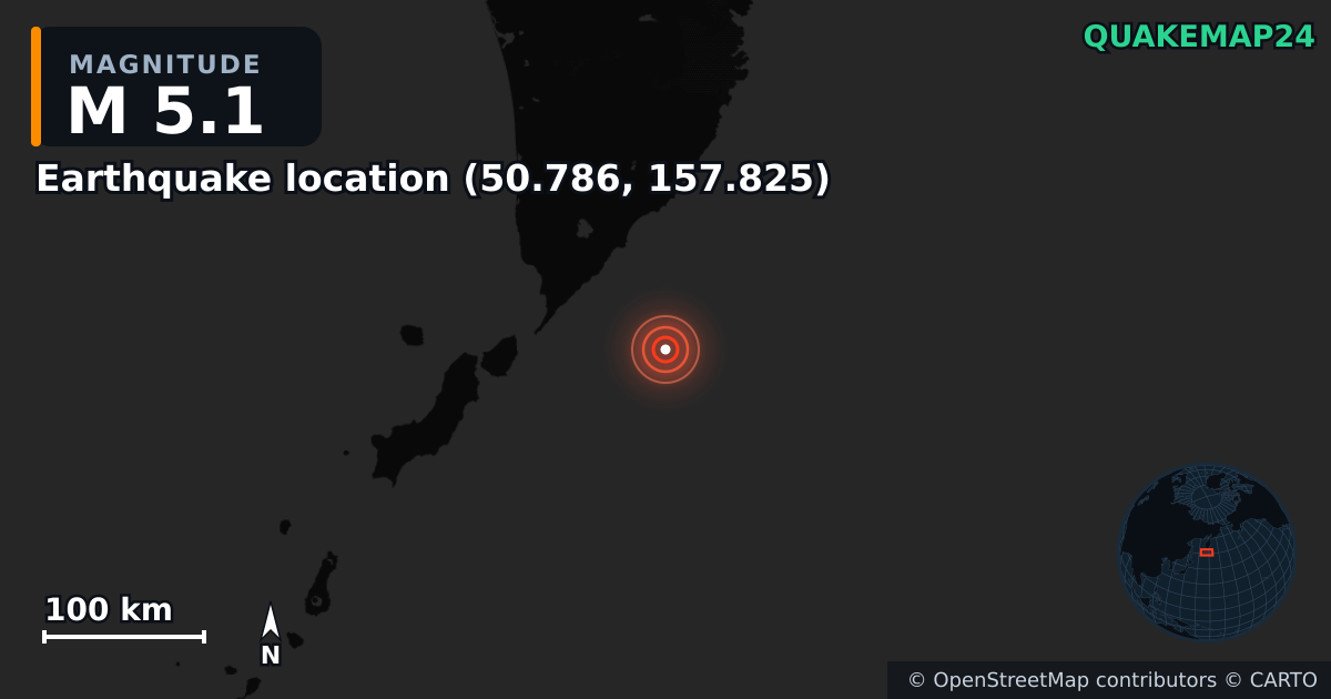 M5.1 earthquake near Deprem konumu (50.786, 157.825) on Aug 22, 2025 — map of epicenter and shaking intensity | QuakeMap24