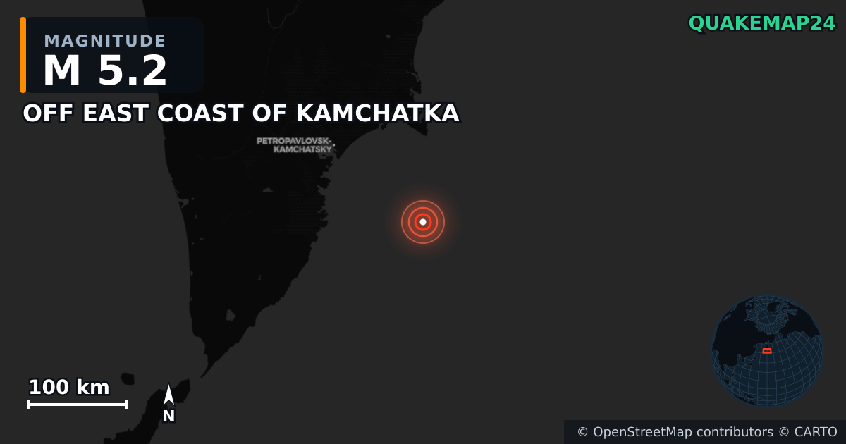 M5.2 earthquake near OFF EAST COAST OF KAMCHATKA on Sep 25, 2025 — map of epicenter and shaking intensity | QuakeMap24