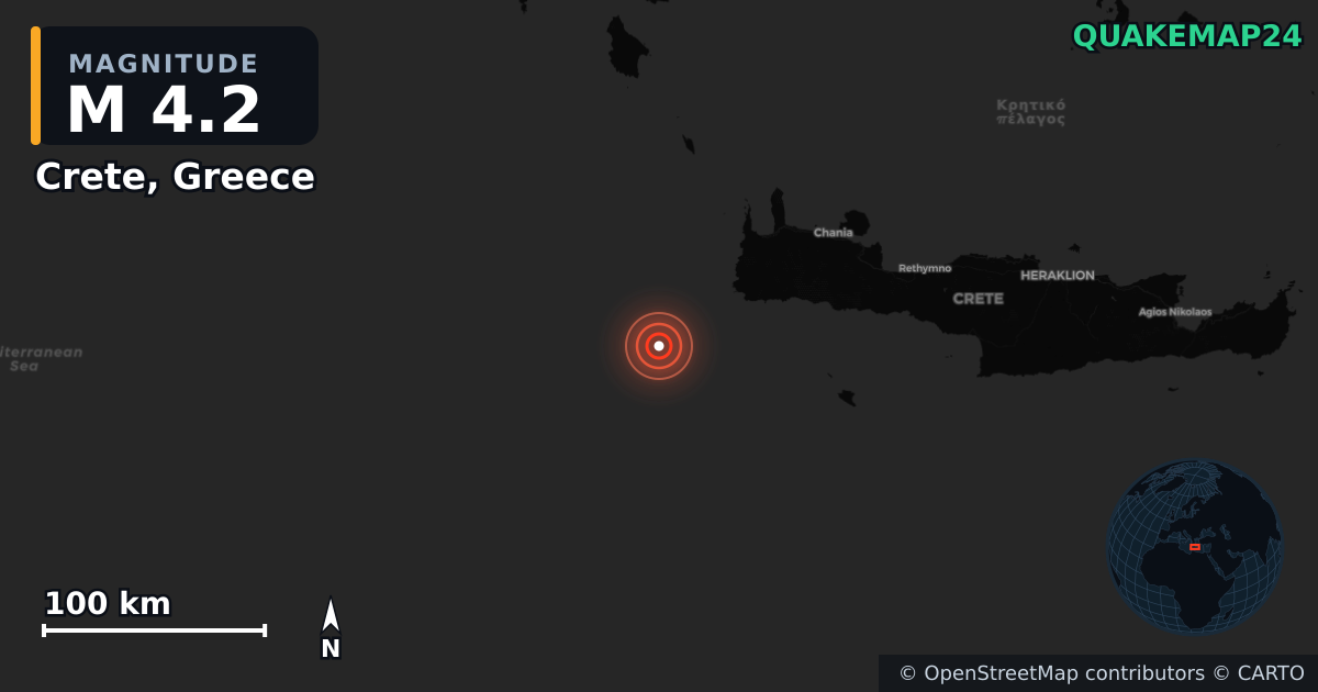 M4.2 earthquake near Crete, Greece on Jun 19, 2026 — map of epicenter and shaking intensity | QuakeMap24