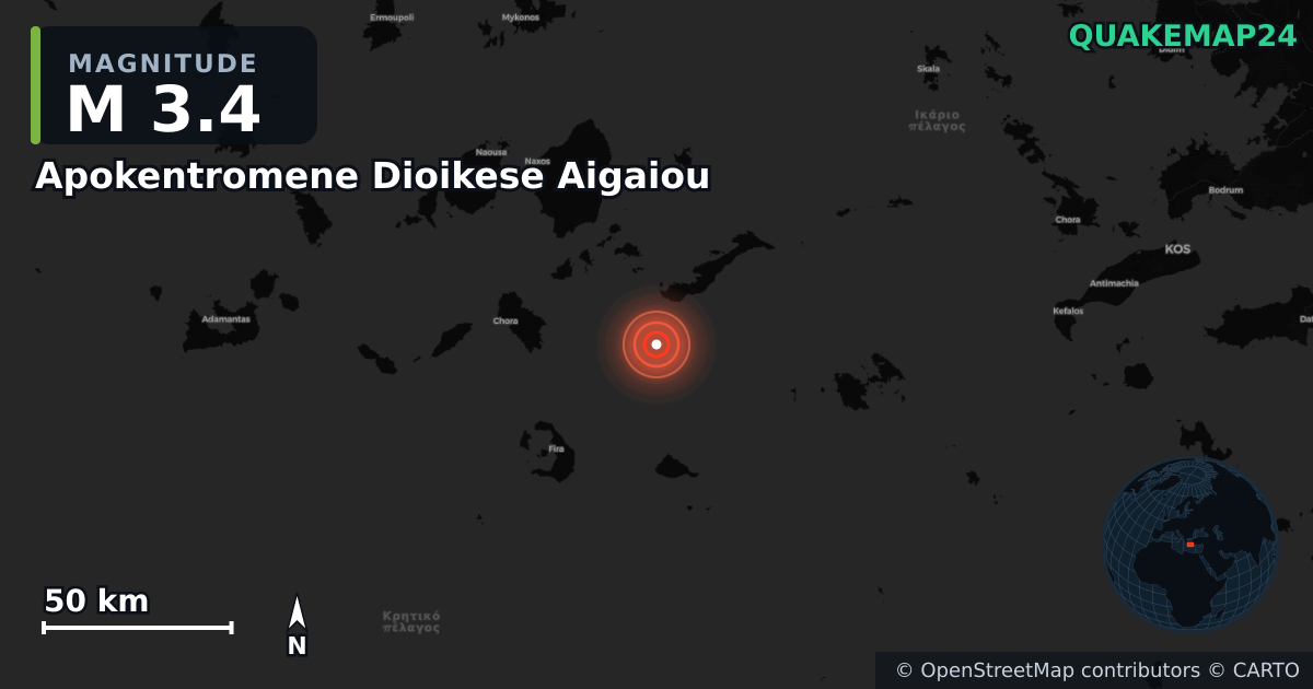 M3.4 earthquake near Apokentromene Dioikese Aigaiou on Nov 14, 2025 — map of epicenter and shaking intensity | QuakeMap24