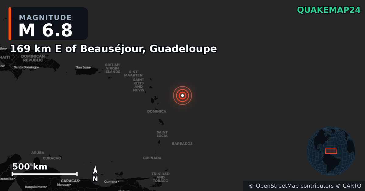 M6.8 Earthquake near 169 km E of Beauséjour, Guadeloupe · 2025-10-27 — Map showing the location of the epicenter