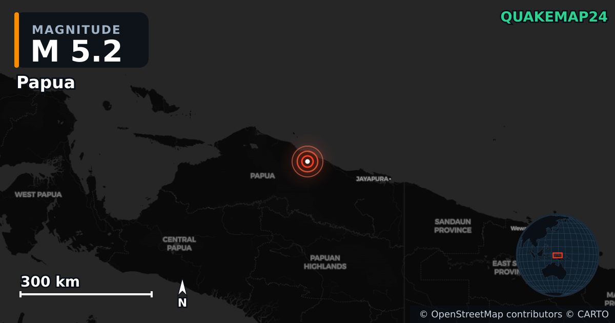 Sismo de M5,2 perto de PAPUA, INDONESIA (Indonésia) — Mapa da localização do epicentro