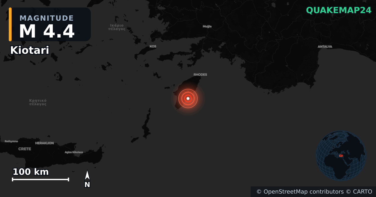 M3.8 earthquake near Rhodes Regional Unit on Aug 7, 2026 — map of epicenter and shaking intensity | QuakeMap24