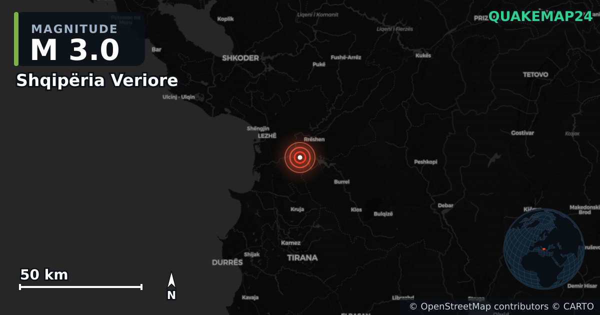 M3.0 earthquake near Shqipëria Veriore on Oct 13, 2025 — map of epicenter and shaking intensity | QuakeMap24