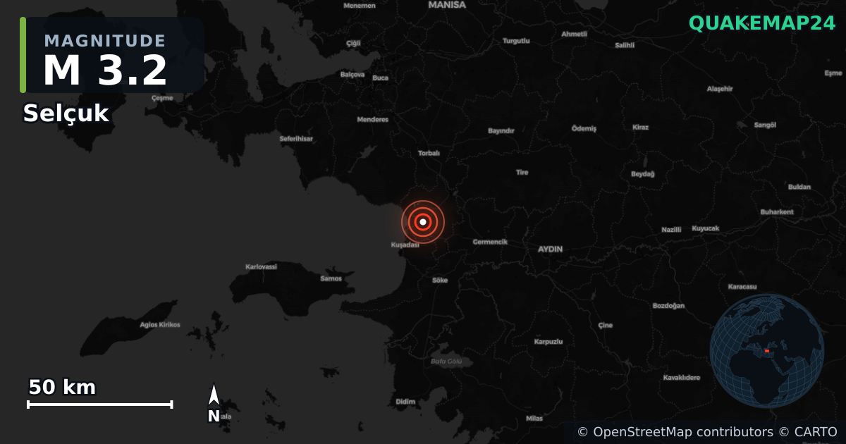 M3.2 earthquake near Selçuk on Aug 29, 2025 — map of epicenter and shaking intensity | QuakeMap24