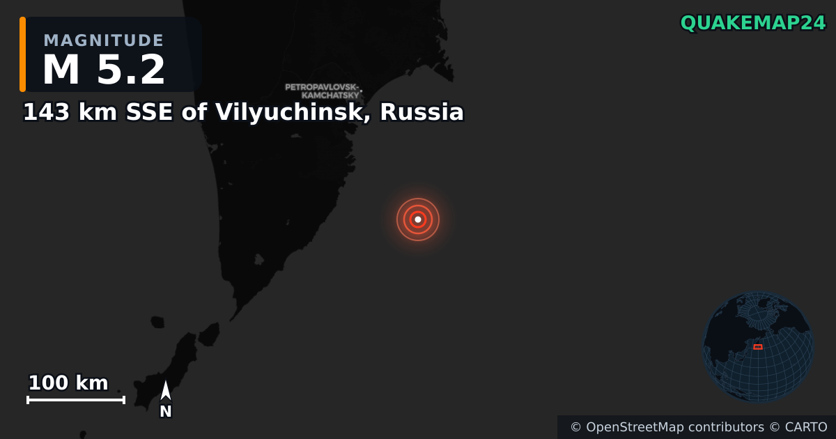 M5.2 earthquake near 143 km SSE of Vilyuchinsk, Russia on Aug 7, 2025 — map of epicenter and shaking intensity | QuakeMap24