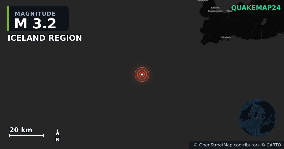 M3.2 earthquake near ICELAND REGION on Mar 23, 2026 — map of epicenter and shaking intensity | QuakeMap24