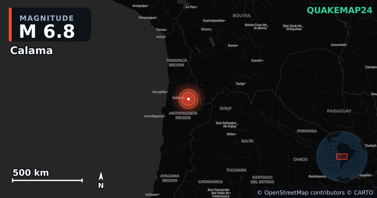 M6.8 earthquake near Calama on May 25, 2026 — map of epicenter and shaking intensity | QuakeMap24
