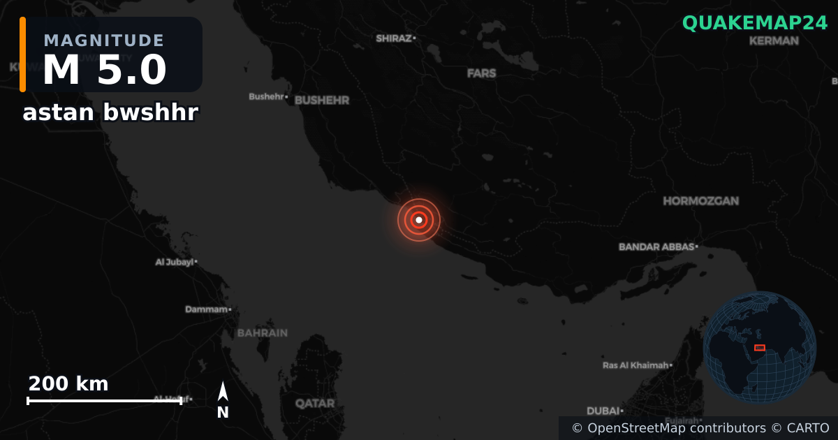 M5.0 earthquake near astan bwshhr on Jul 28, 2025 — map of epicenter and shaking intensity | QuakeMap24