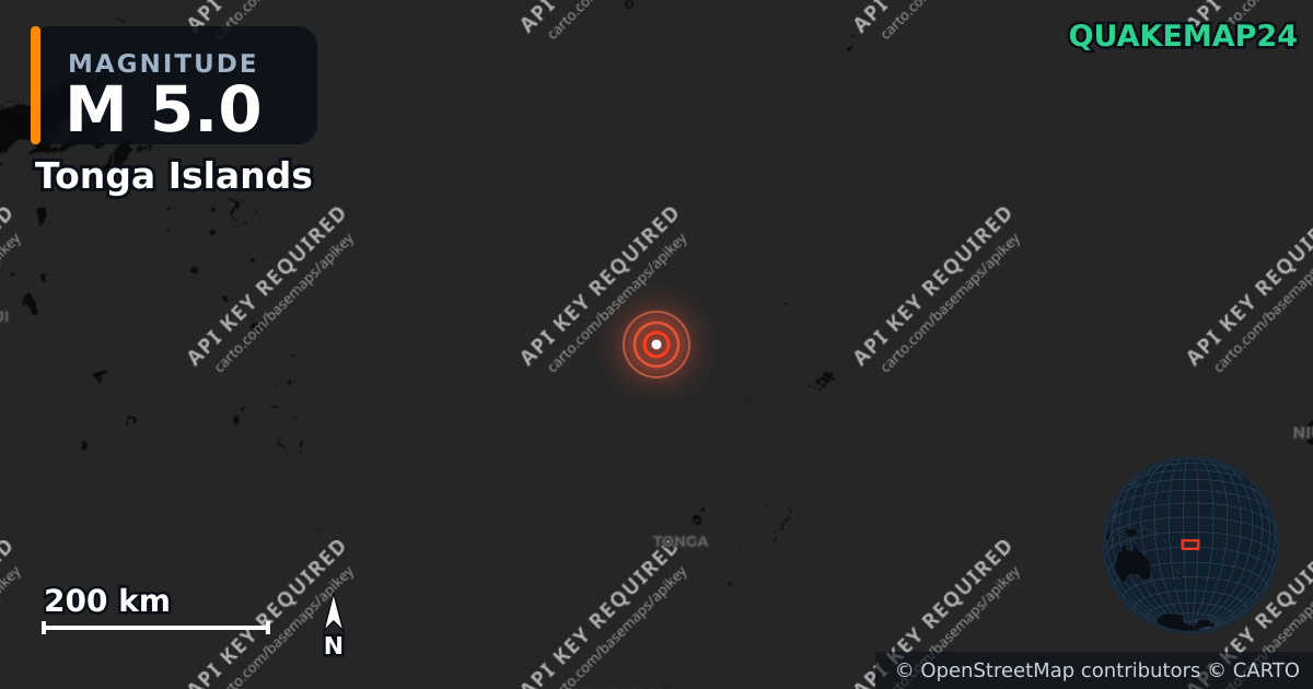 M5.0 earthquake near Tonga Islands on Apr 24, 2026 — map of epicenter and shaking intensity | QuakeMap24