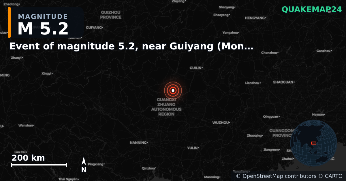 M5.2 earthquake near Event of magnitude 5.2, near Guiyang (Monde) on May 18, 2026 — map of epicenter and shaking intensity | QuakeMap24