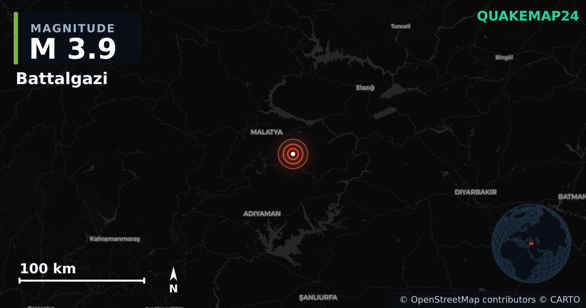 M3.9 earthquake near Battalgazi on Oct 6, 2025 — map of epicenter and shaking intensity | QuakeMap24