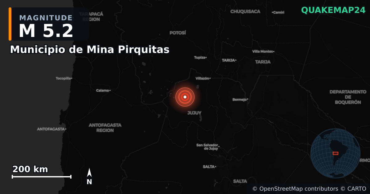 M5.2 earthquake near Municipio de Mina Pirquitas on Aug 17, 2025 — map of epicenter and shaking intensity | QuakeMap24