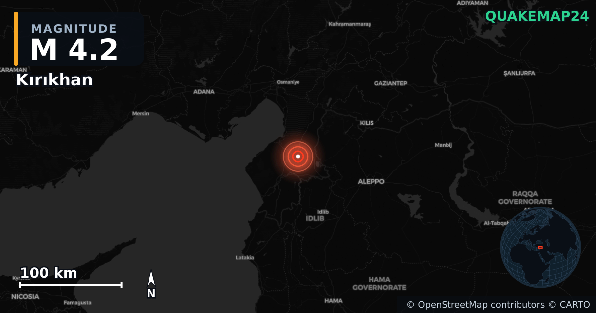 M4.2 earthquake near Kırıkhan on Feb 20, 2026 — map of epicenter and shaking intensity | QuakeMap24