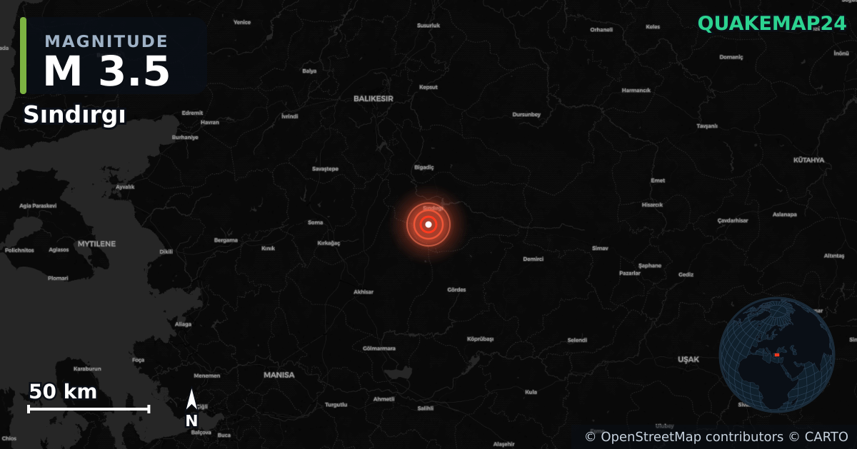 M3.5 earthquake near Sındırgı on Sep 7, 2025 — map of epicenter and shaking intensity | QuakeMap24