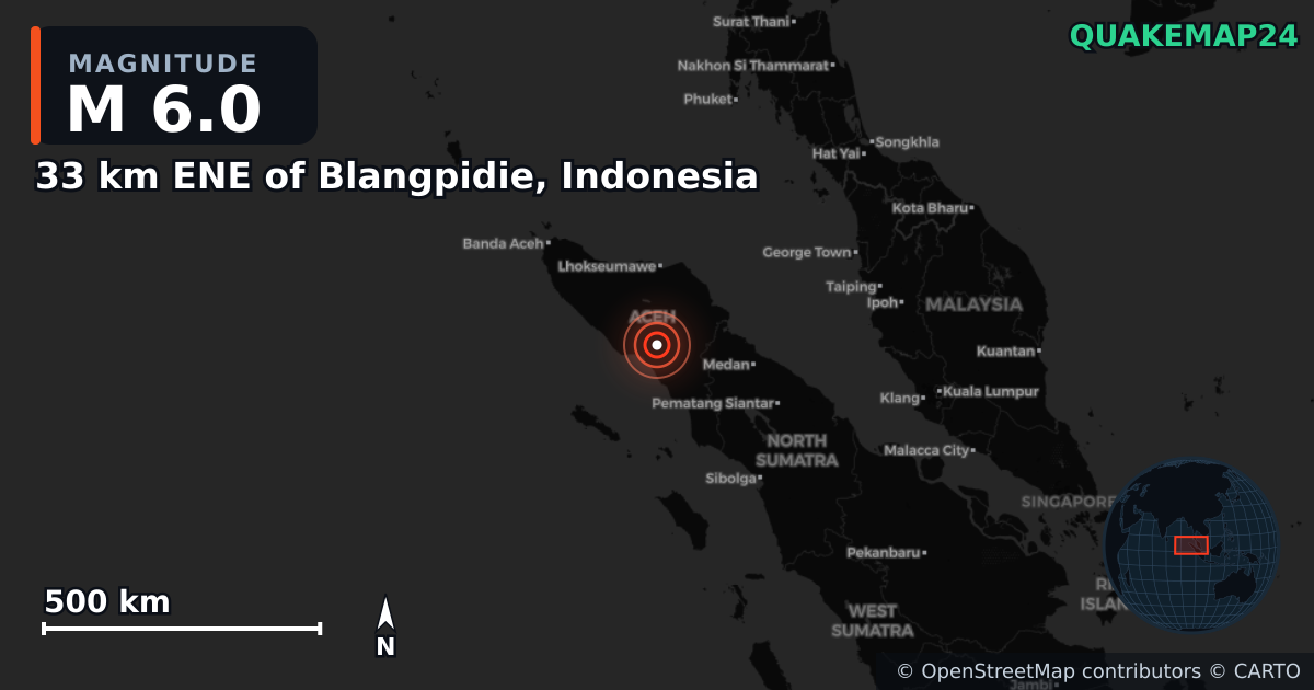 M6.0 earthquake near 33 km ENE of Blangpidie, Indonesia on May 11, 2025 — map of epicenter and shaking intensity | QuakeMap24