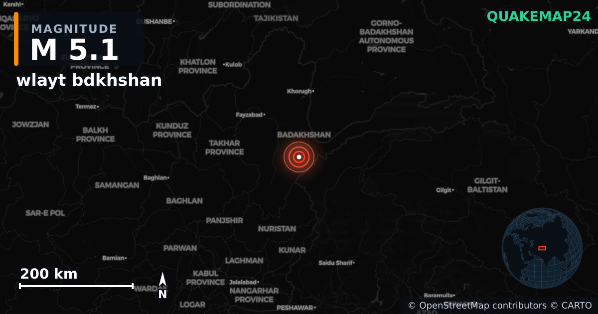 M5.1 earthquake near wlayt bdkhshan on Aug 27, 2025 — map of epicenter and shaking intensity | QuakeMap24
