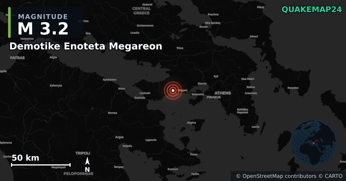 M3.2 earthquake near Demotike Enoteta Megareon on Aug 28, 2025 — map of epicenter and shaking intensity | QuakeMap24