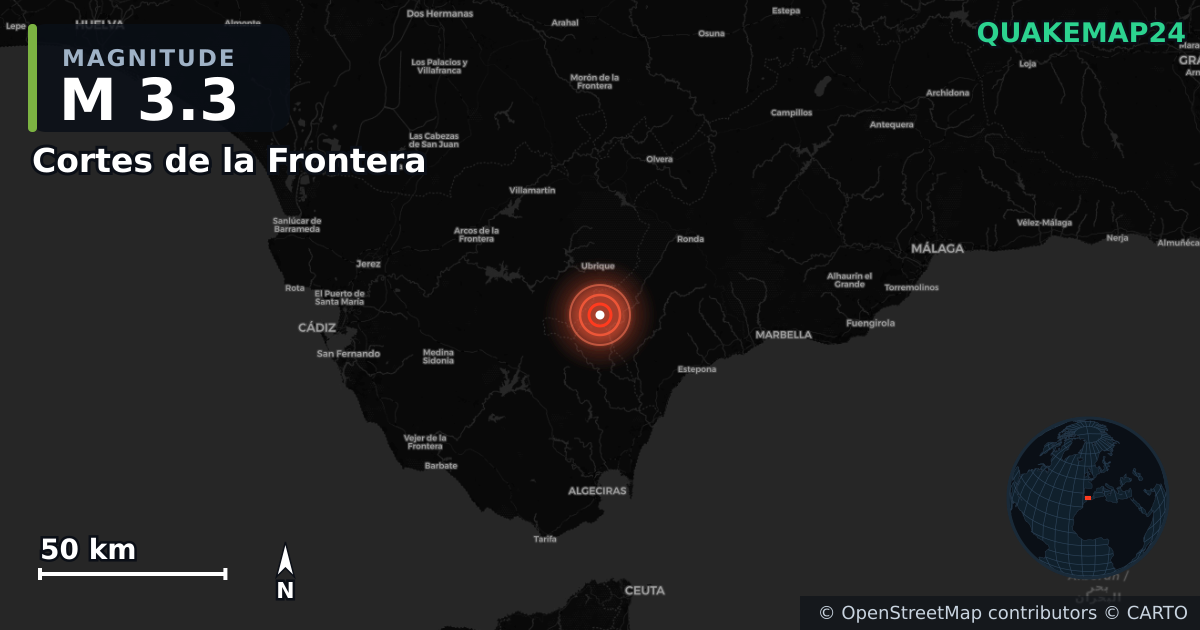 M3.3 earthquake near Cortes de la Frontera on Feb 15, 2026 — map of epicenter and shaking intensity | QuakeMap24