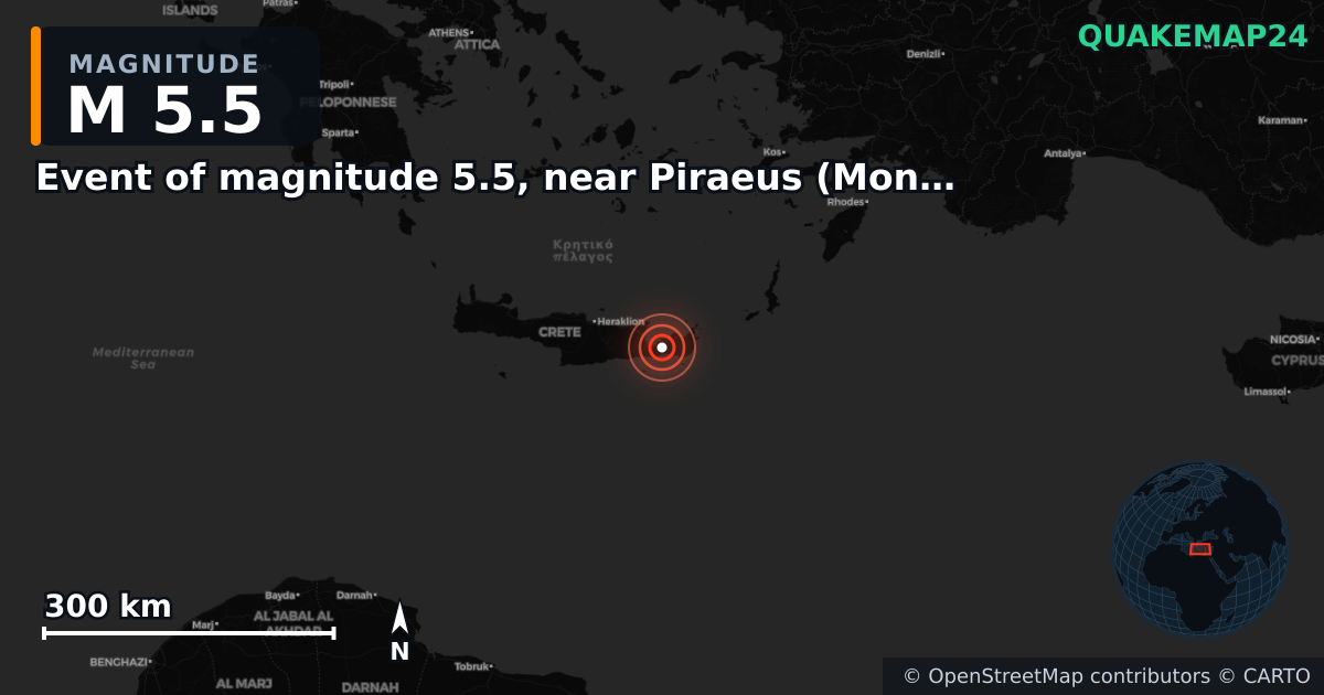 Erdbeben M5,5 bei Event of magnitude 5.5, near Piraeus (Monde) · 2026-04-24 — Karte der Lage des Epizentrums