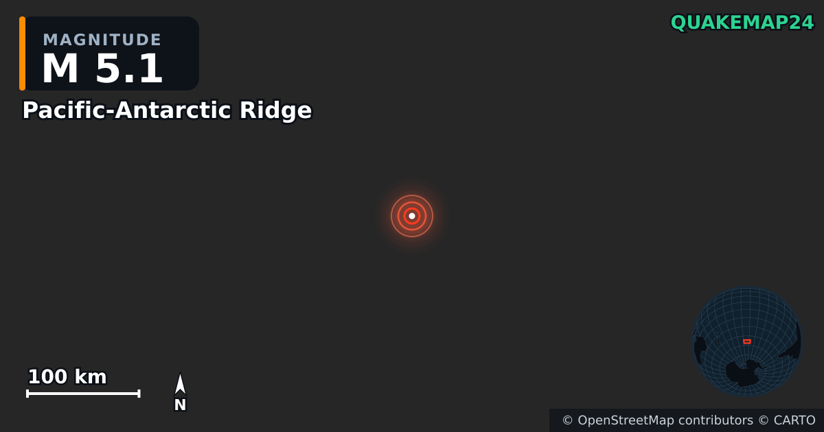 M5.1 earthquake near Pacific-Antarctic Ridge on Aug 12, 2026 — map of epicenter and shaking intensity | QuakeMap24