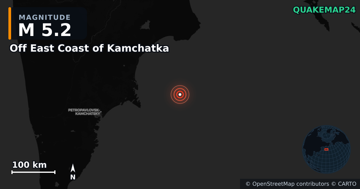 M5.2 earthquake near Off East Coast of Kamchatka on Sep 19, 2025 — map of epicenter and shaking intensity | QuakeMap24