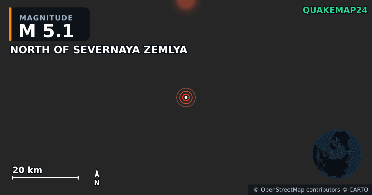 NORTH OF SEVERNAYA ZEMLYA yakınında M5,1 deprem — Deprem merkez üssünün konumunu gösteren harita