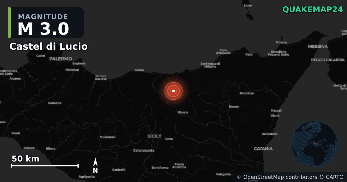 M3.0 earthquake near Castel di Lucio on Mar 21, 2026 — map of epicenter and shaking intensity | QuakeMap24