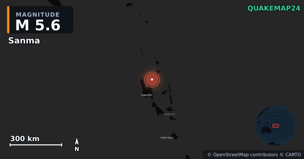 M5.6 earthquake near Sanma on Dec 23, 2025 — map of epicenter and shaking intensity | QuakeMap24