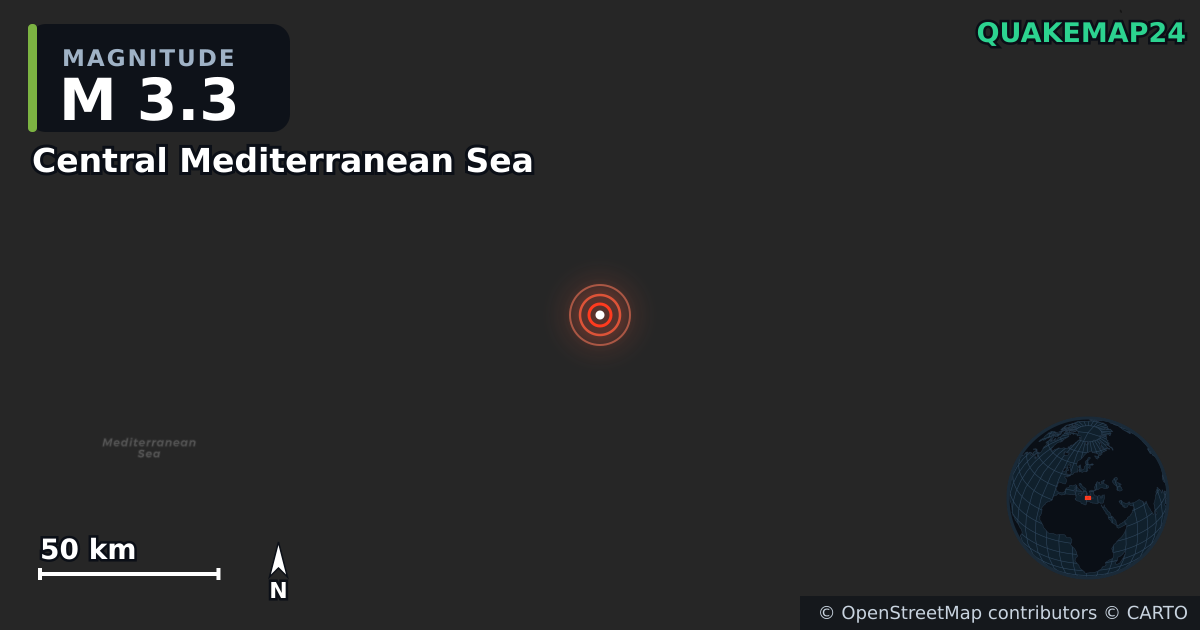 M3.3 earthquake near Central Mediterranean Sea on May 21, 2026 — map of epicenter and shaking intensity | QuakeMap24