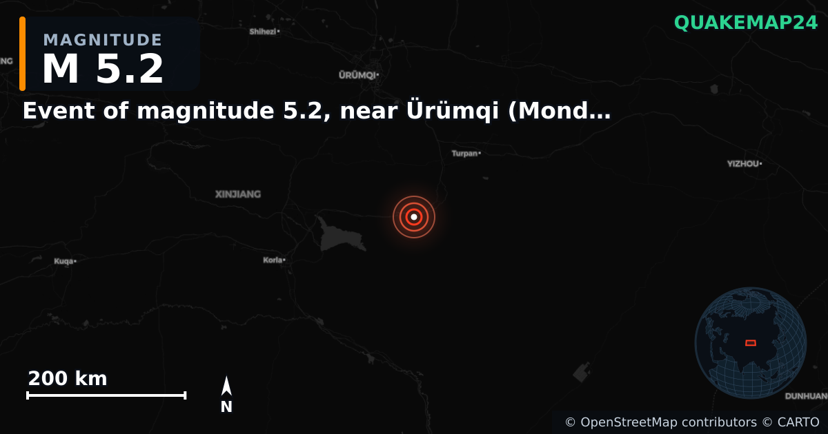 Erdbeben M5,2 bei Event of magnitude 5.2, near Ürümqi (Monde) — Karte der Lage des Epizentrums