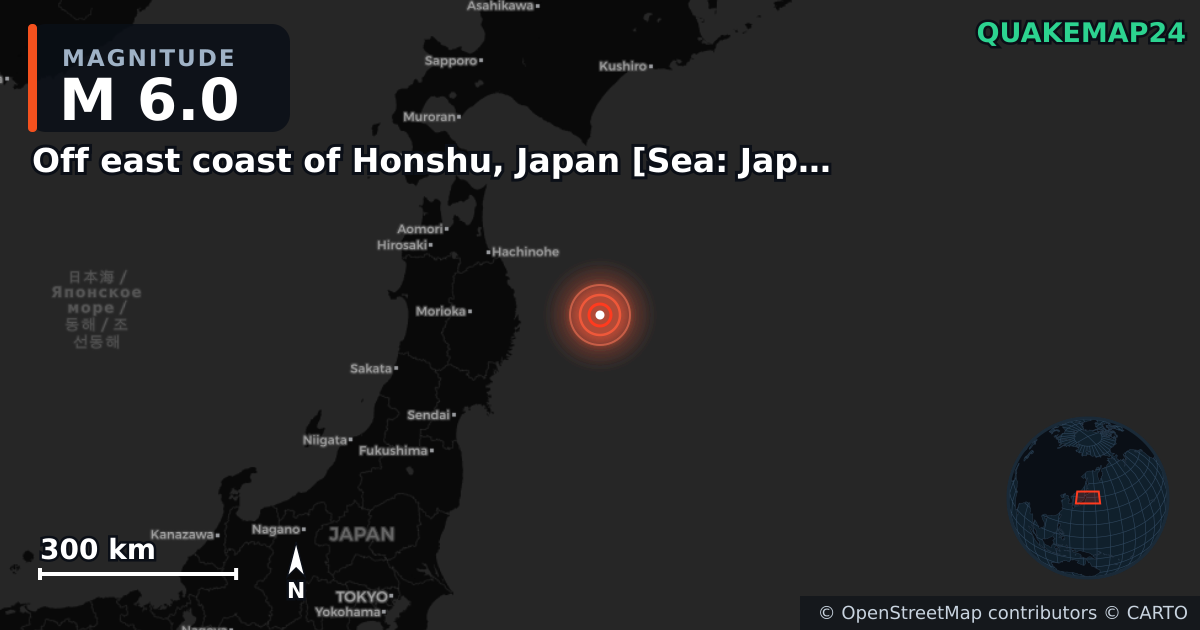 M6.0 earthquake near Off east coast of Honshu, Japan [Sea: Japan] on Nov 21, 2025 — map of epicenter and shaking intensity | QuakeMap24