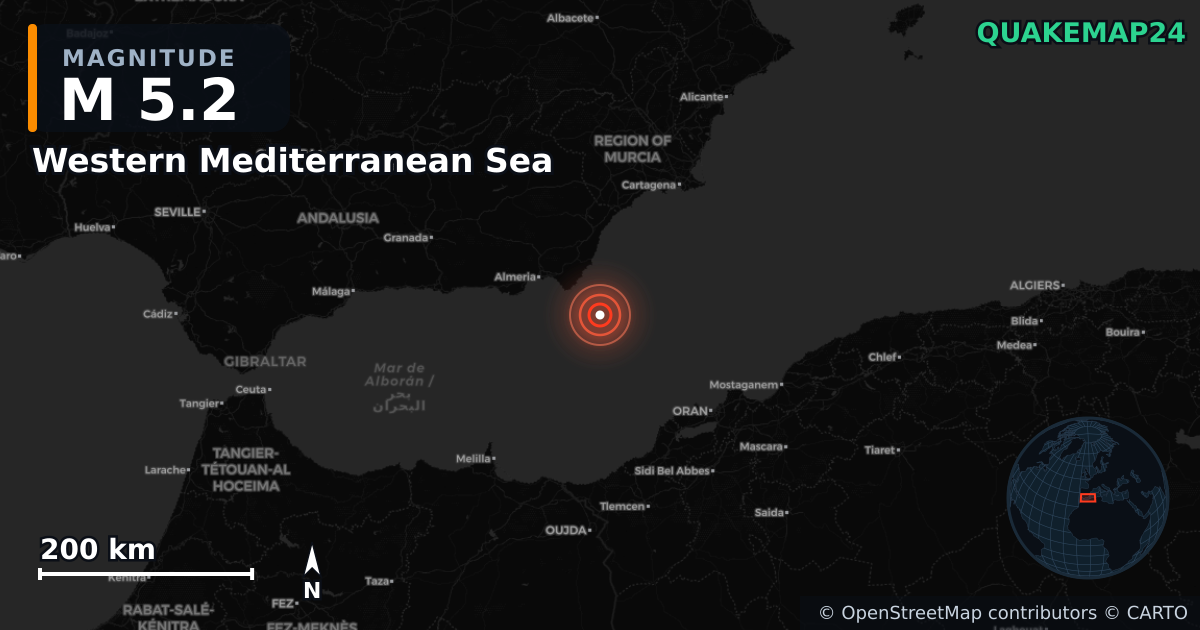 Western Mediterranean Sea yakınında M5,2 deprem — Deprem merkez üssünün konumunu gösteren harita