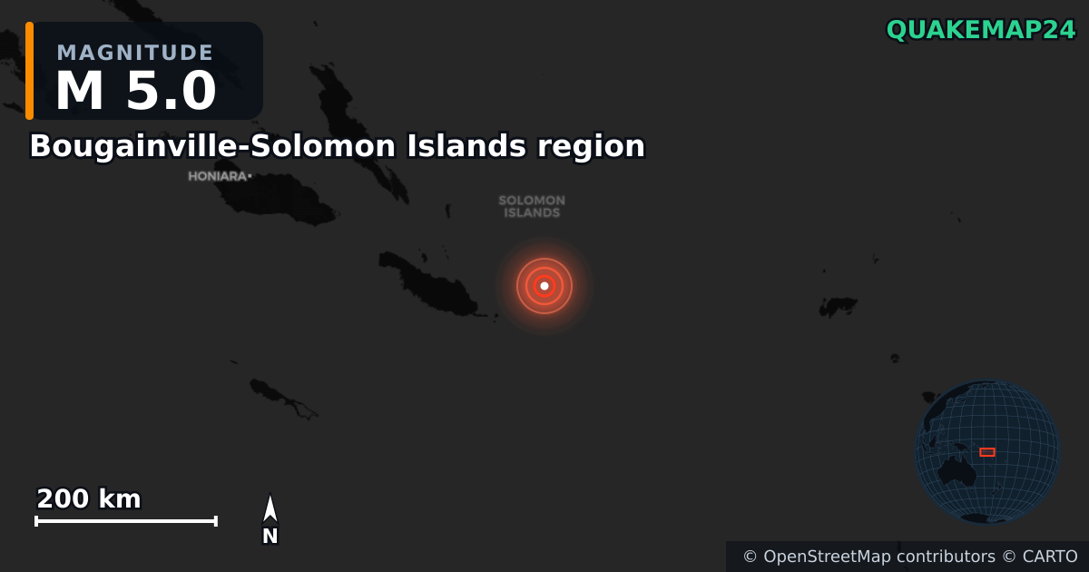 Σεισμός M5,0 κοντά στο Bougainville-Solomon Islands region — Χάρτης της θέσης του επικέντρου