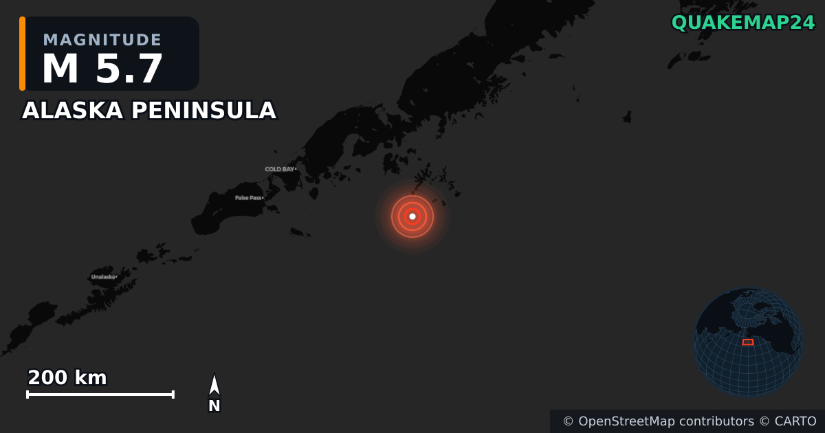 M5.7 earthquake near ALASKA PENINSULA on Jul 17, 2025 — map of epicenter and shaking intensity | QuakeMap24