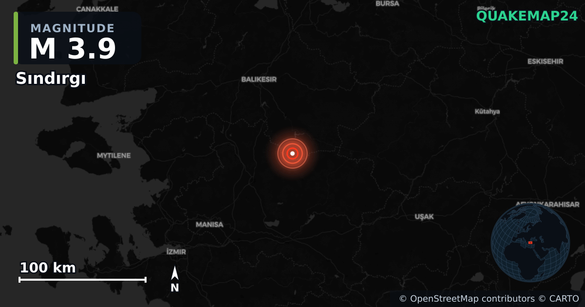 M3.9 earthquake near Sındırgı on Oct 27, 2025 — map of epicenter and shaking intensity | QuakeMap24