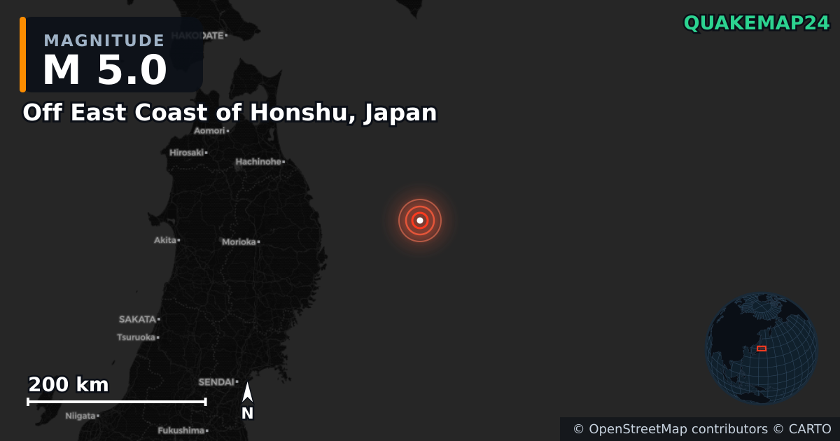 M5.0 earthquake near Off East Coast of Honshu, Japan on Apr 25, 2026 — map of epicenter and shaking intensity | QuakeMap24