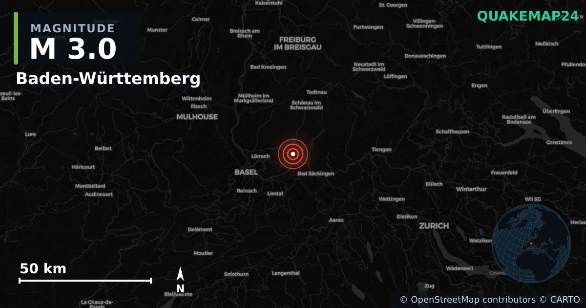M3.0 earthquake near Baden-Württemberg on Jul 28, 2025 — map of epicenter and shaking intensity | QuakeMap24