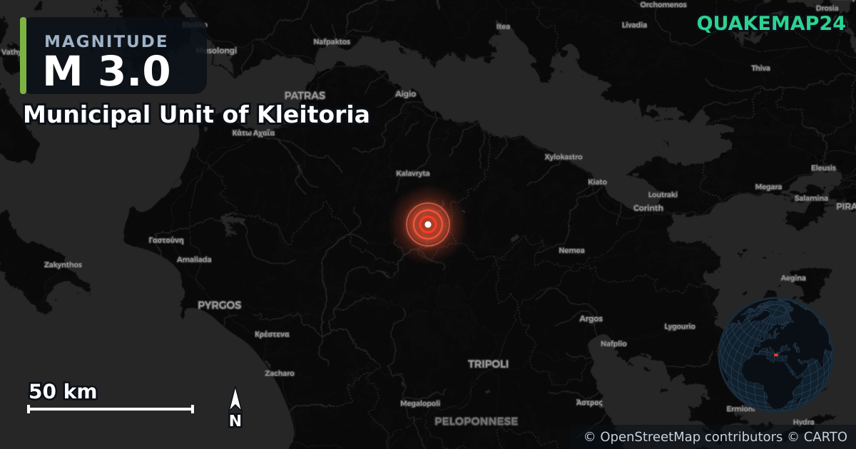 M3.0 earthquake near Municipal Unit of Kleitoria on Jul 1, 2026 — map of epicenter and shaking intensity | QuakeMap24