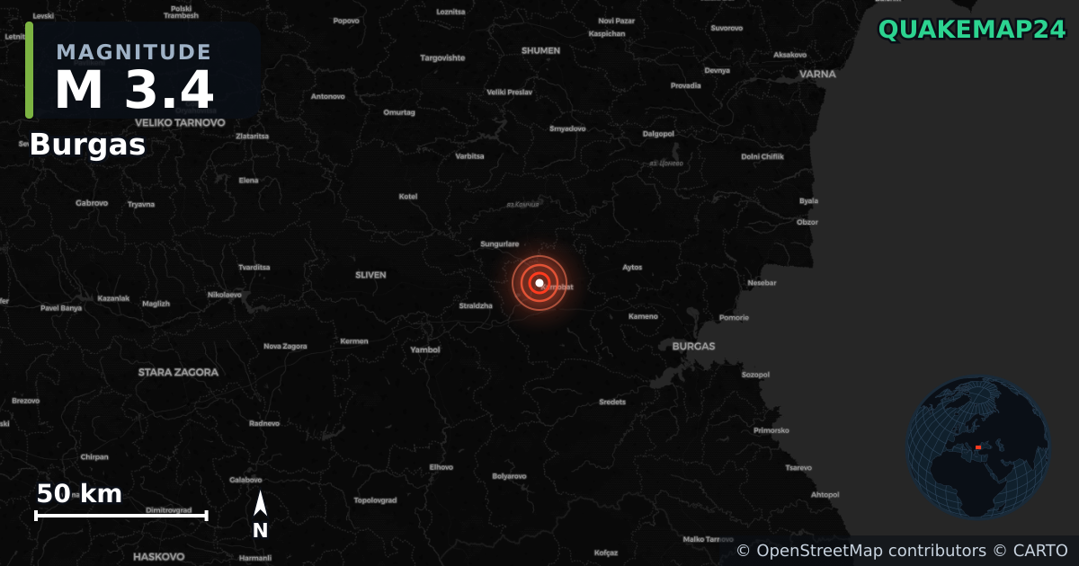 M3.4 earthquake near Burgas on Sep 15, 2025 — map of epicenter and shaking intensity | QuakeMap24