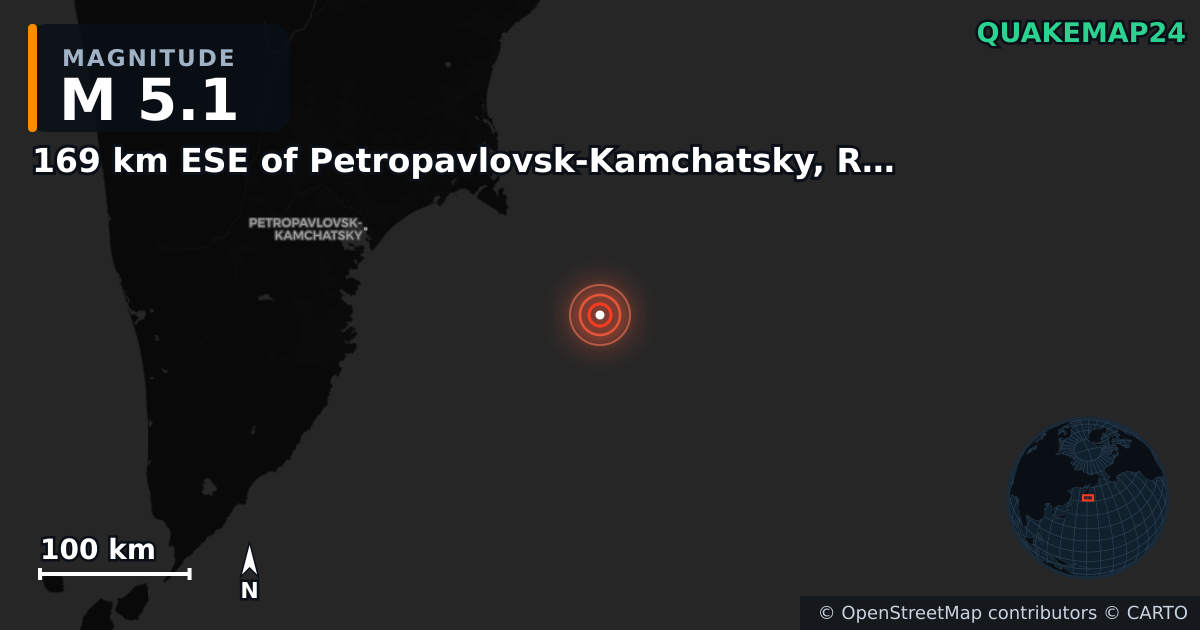 M5.1 earthquake near 169 km ESE of Petropavlovsk-Kamchatsky, Russia on Sep 19, 2025 — map of epicenter and shaking intensity | QuakeMap24