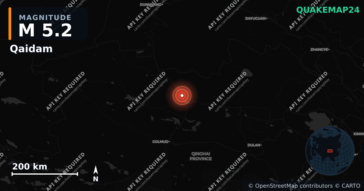 M5.2 earthquake near Qaidam on Jun 23, 2026 — map of epicenter and shaking intensity | QuakeMap24