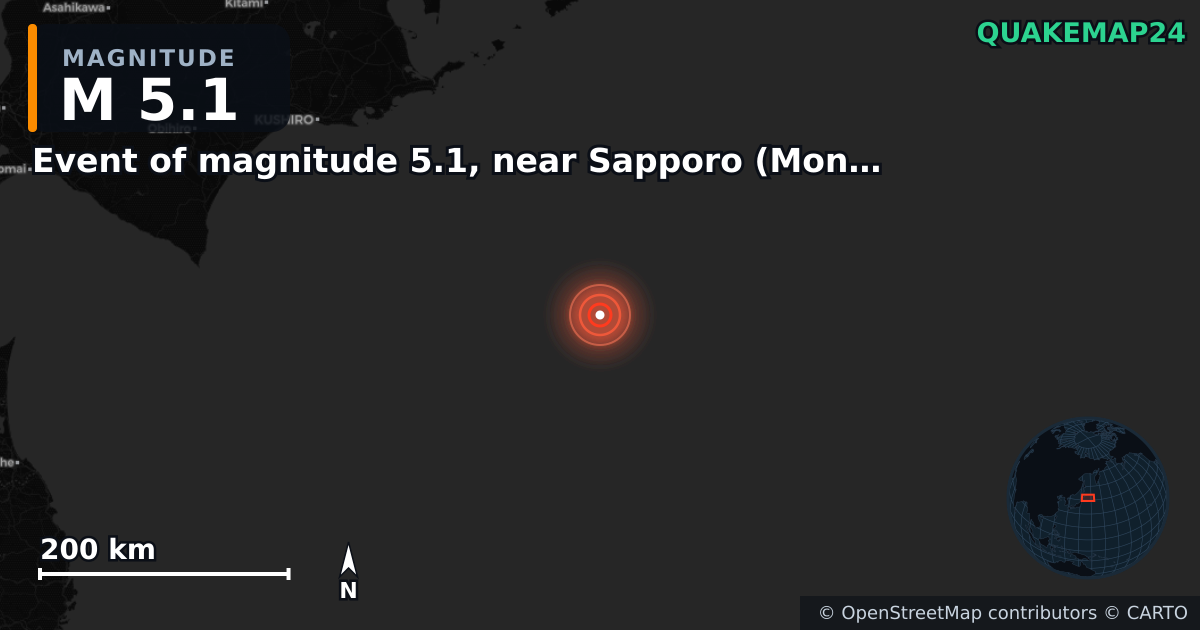Erdbeben M5,1 bei Event of magnitude 5.1, near Sapporo (Monde) · 2026-08-03 — Karte der Lage des Epizentrums