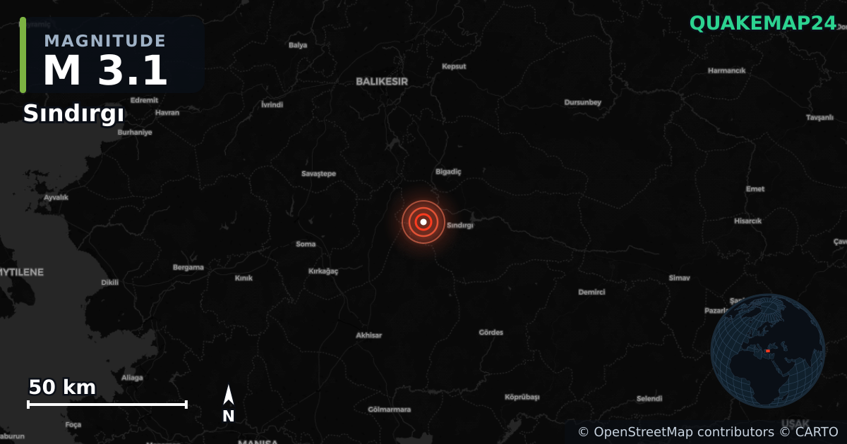 M3.1 earthquake near Sındırgı on Aug 18, 2025 — map of epicenter and shaking intensity | QuakeMap24