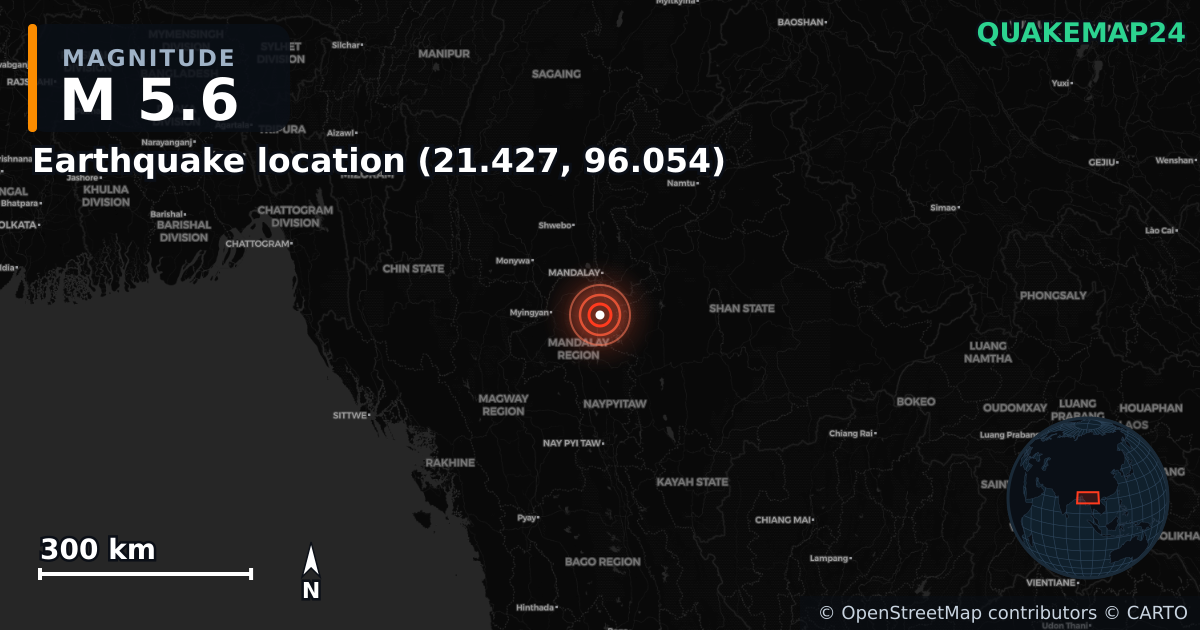 M5.6 earthquake near Deprem konumu (21.427, 96.054) on May 17, 2025 — map of epicenter and shaking intensity | QuakeMap24
