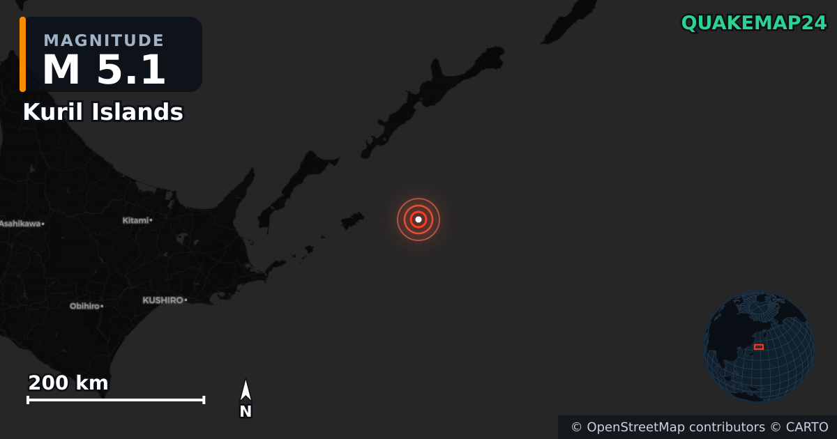 M5.1 earthquake near Kuril Islands on Dec 18, 2025 — map of epicenter and shaking intensity | QuakeMap24